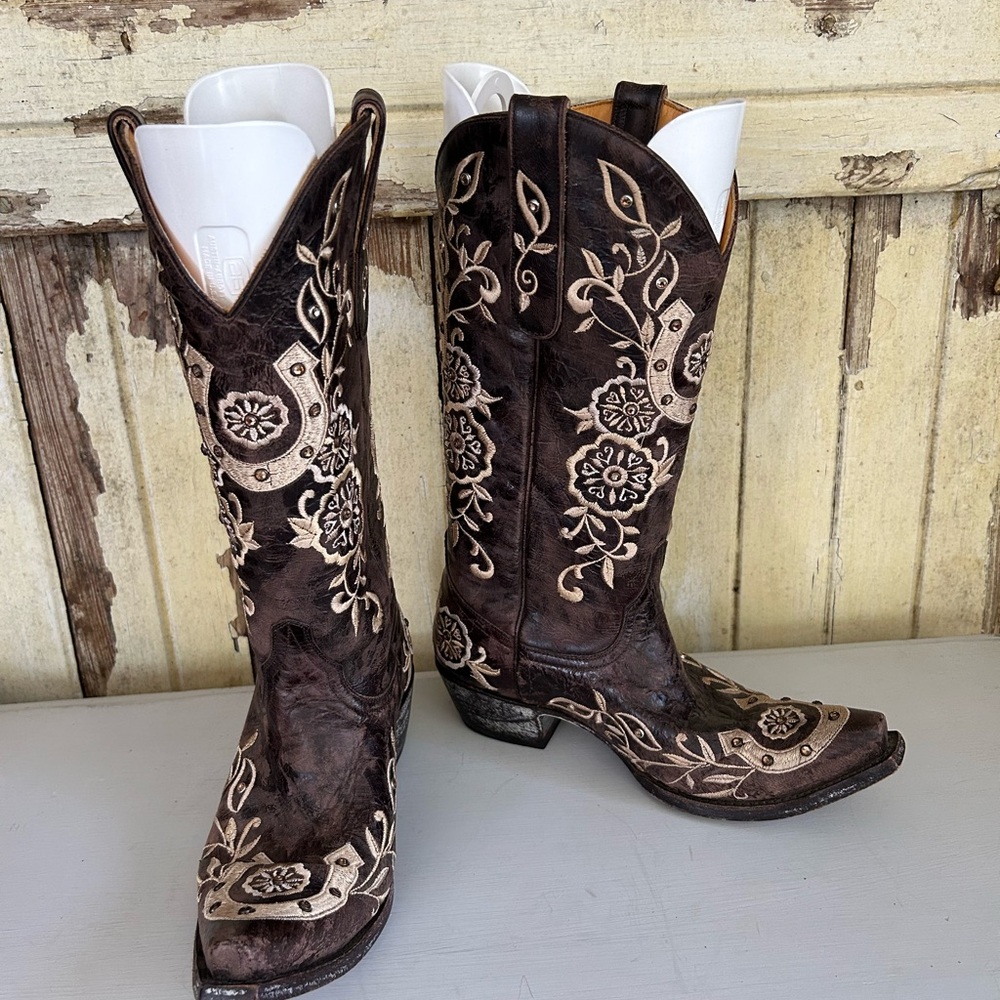 Old Gringo Cowboy Brown Leather Boots Size 7 Cowgirl Western Lucky Horseshoe
